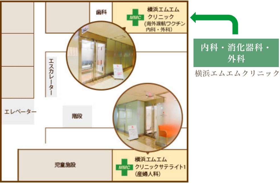 DX横浜みなとみらいタワー3階見取り図。エレベーターを降りて左奥に横浜エムエムクリニック（海外渡航ワクチン・内科・外科）、右奥に横浜エムエムクリニックサテライト1（産婦人科）があります。